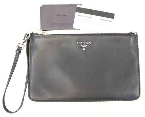 PRADA Black Leather Logo Plaque Wristlet Clutch Bag