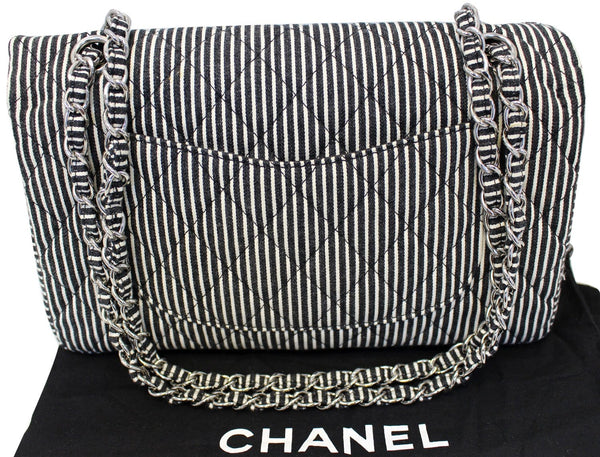 CHANEL Black/White Striped Medium Flap Shoulder Bag