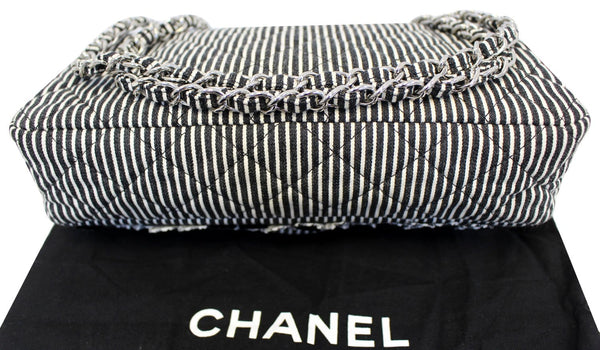 CHANEL Black/White Striped Medium Flap Shoulder Bag