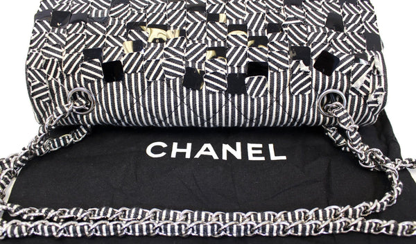 Chanel Flap Medium Black & White Striped Shoulder Bag - leather
