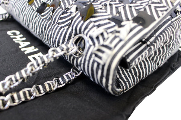Chanel Flap Medium Black & White Striped Shoulder Bag - corner