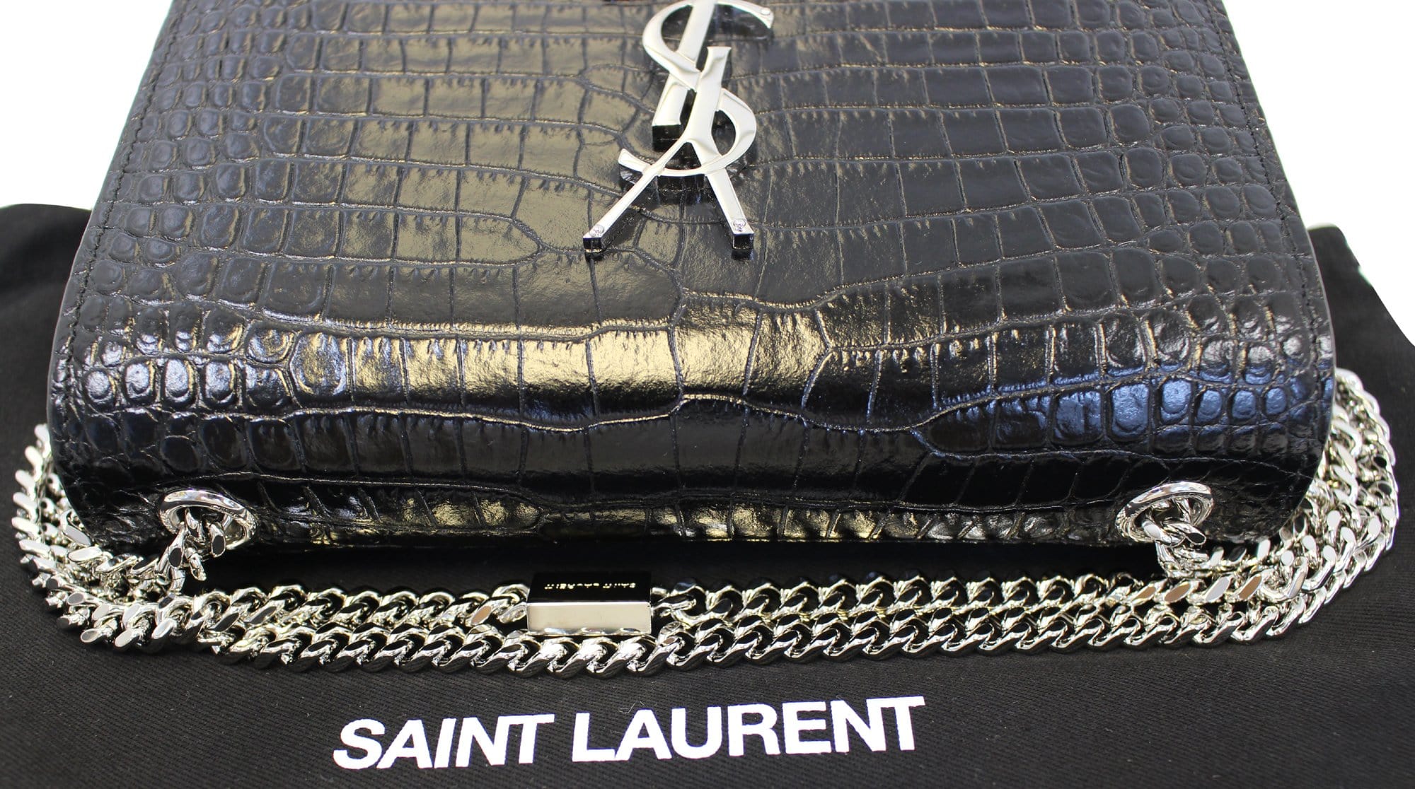 YVES SAINT LAURENT Crocodile Black Leather Silver Chain Clutch Crossbody Bag
