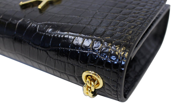 YVES SAINT LAURENT Crocodile Black Leather Gold Chain Clutch Crossbody Bag