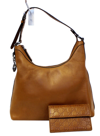 GUCCI Brown Leather Hobo Bag with Matching Wallet