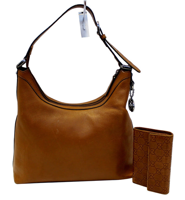 GUCCI Brown Leather Hobo Bag with Matching Wallet