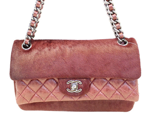 CHANEL Burgundy Quilted Leather Pony Hair Double Flap Shoulder Bag