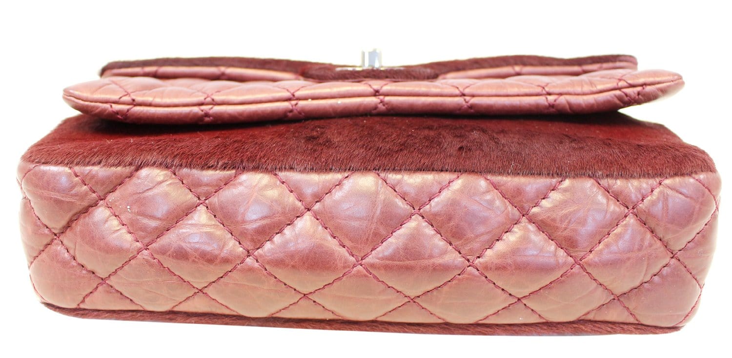 CHANEL Burgundy Quilted Leather Pony Hair Double Flap Shoulder Bag