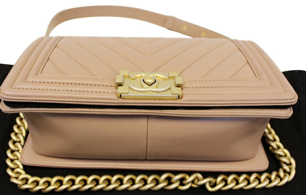 CHANEL Calfskin Chevron Quilted Dark Beige Medium Boy Flap Bag 