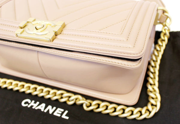 CHANEL Calfskin Chevron Quilted Dark Beige Medium Boy Flap Bag 