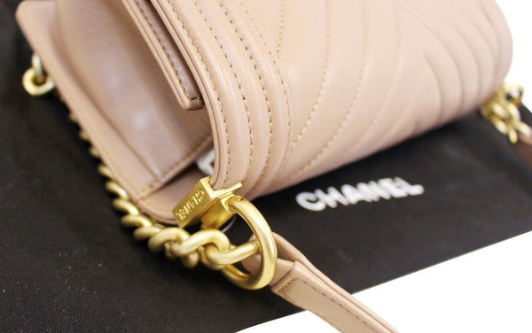CHANEL Calfskin Chevron Quilted Dark Beige Medium Boy Flap Bag 