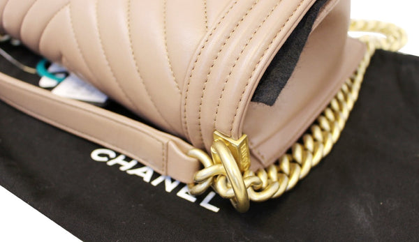 CHANEL Calfskin Chevron Quilted Dark Beige Medium Boy Flap Bag 