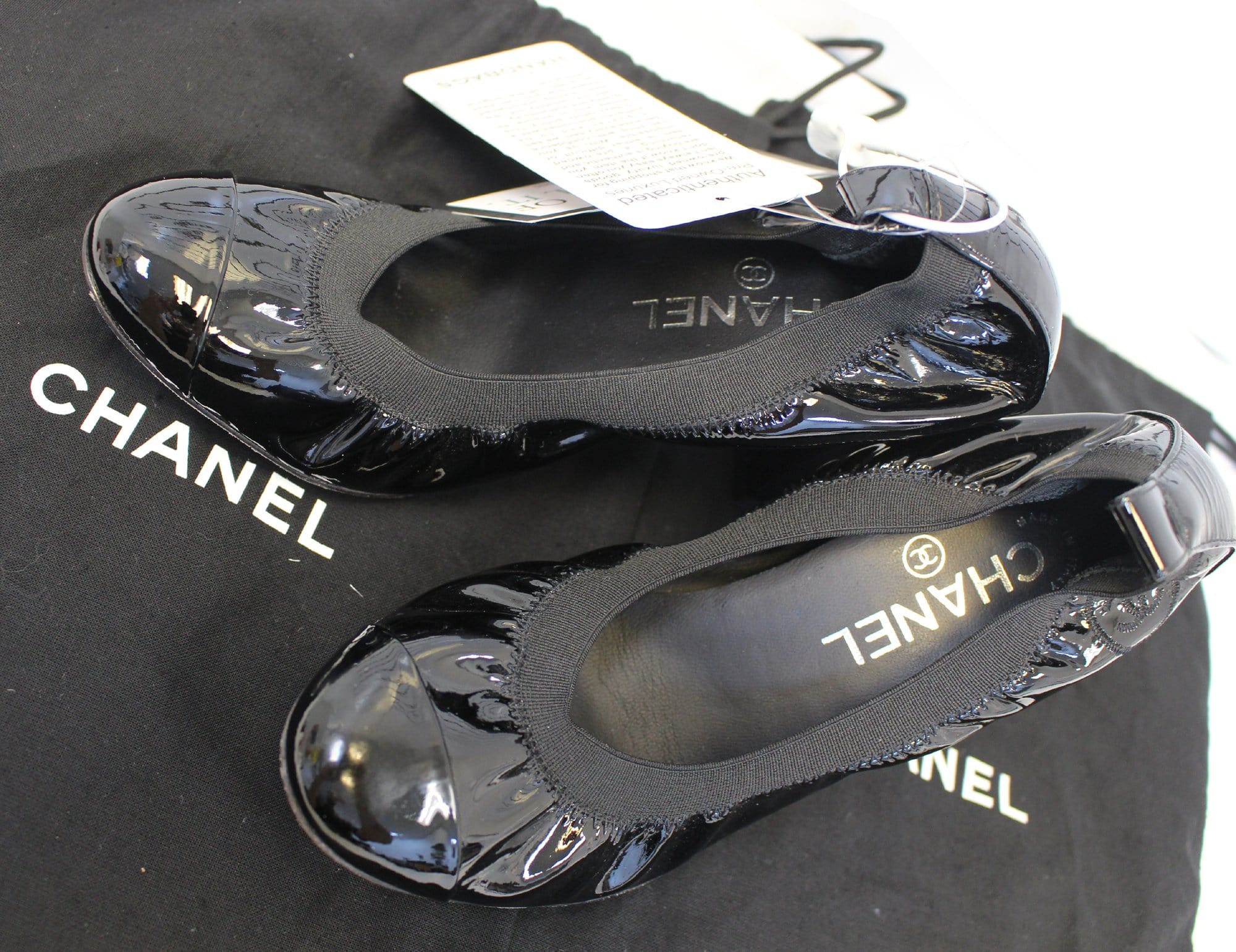 CHANEL Black Leather Elastic Ballet Pumps Size 36