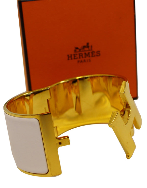 HERMES H Clic Clac Enamel Bracelet Bangle Size 7.5 White/Gold