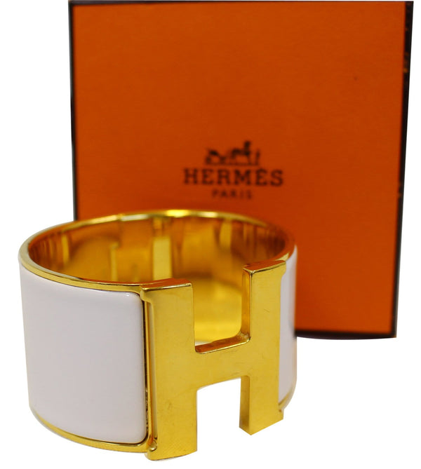 HERMES H Clic Clac Enamel Bracelet Bangle Size 7.5 White/Gold