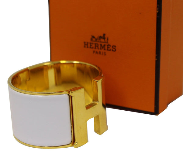 HERMES H Clic Clac Enamel Bracelet Bangle Size 7.5 White/Gold