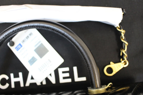 CHANEL Handle Bag Black Leather Quilted Lambskin Chevron Top - tag