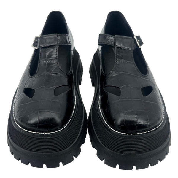 BURBERRY Aldwych T Bar Embossed Leather School Shoes Black