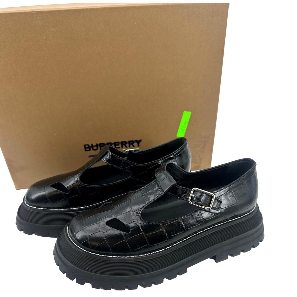 BURBERRY Aldwych T Bar Embossed Leather School Shoes Black