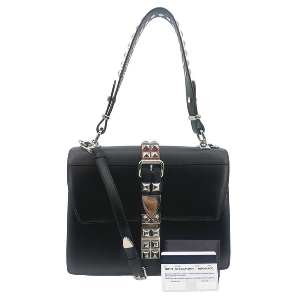 Prada Elektra Calf Saffiano Leather Shoulder Bag Black - Front Look