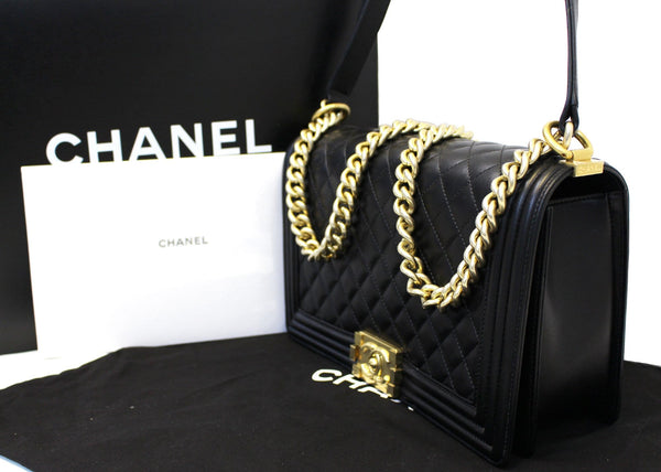 CHANEL Le Boy Medium Lambskin Leather Shoulder Bag Black