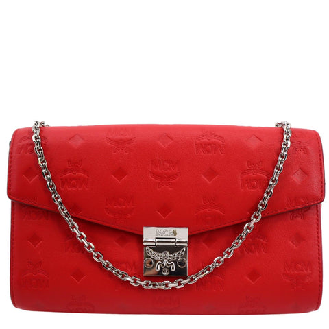 MCM Tracy Monogram Leather Chain Crossbody Wallet Red