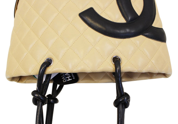 Chanel Tote Bag Cambon Ligne Quilted Beige Black - front view