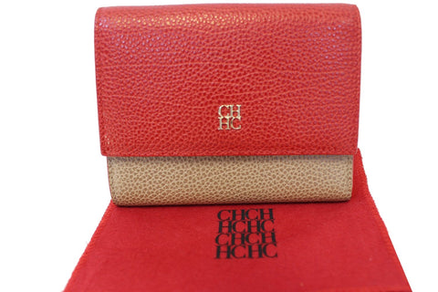 CAROLINA HERRERA Red Leather Tri Fold Wallet New