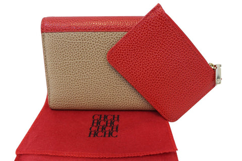 CAROLINA HERRERA Red Leather Tri Fold Wallet New