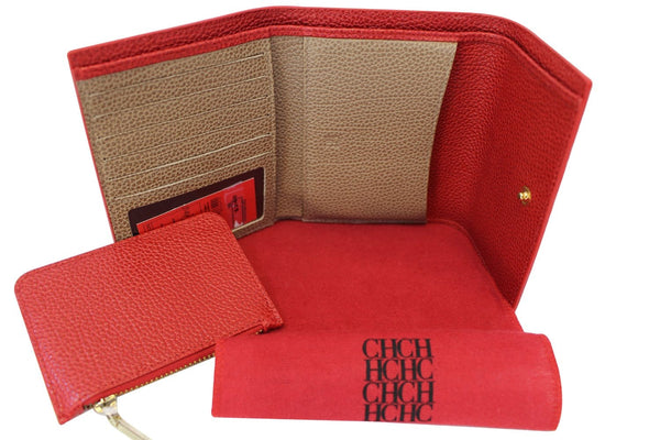 CAROLINA HERRERA Red Leather Tri Fold Wallet New