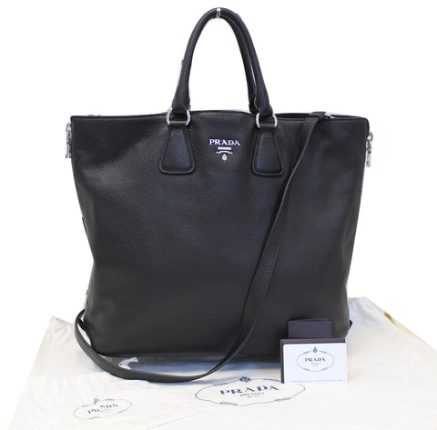 PRADA Black Leather Vitello Phenix Convertible Shopping Tote Bag