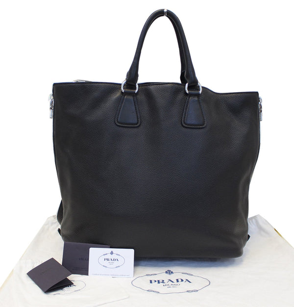 PRADA Black Leather Vitello Phenix Convertible Shopping Tote Bag 