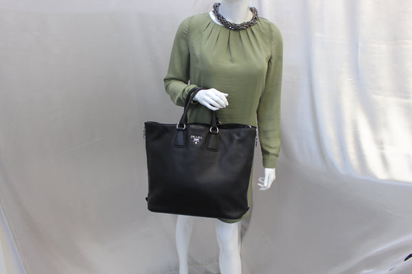 PRADA Black Leather Vitello Phenix Convertible Shopping Tote Bag 