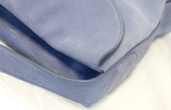 PRADA Vitello Daino Flap Suede Leather Hobo Bag Navy Blue-Strap at top