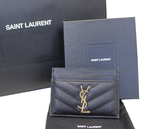 YVES SAINT LAURENT Monogram Card Case Grain Embossed Leather Black