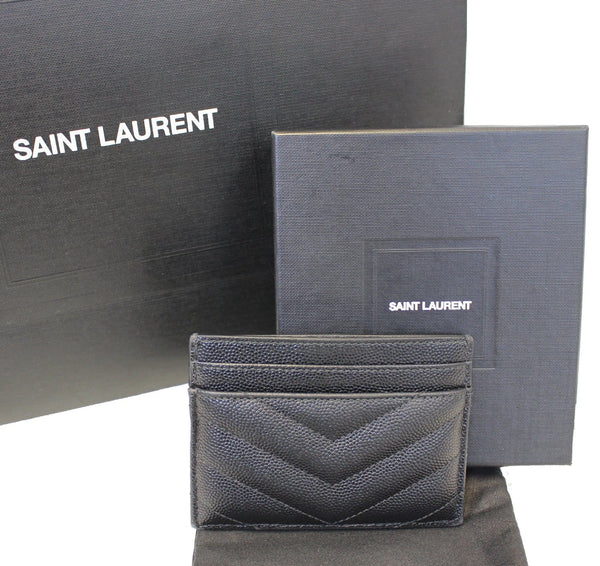 YVES SAINT LAURENT Monogram Card Case Grain Embossed Leather Black