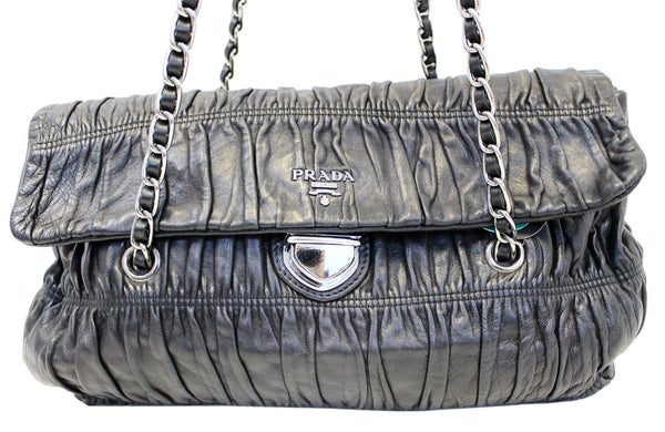 Prada Nappa Shoulder Black Leather Gaufre Flap Bag - Half View