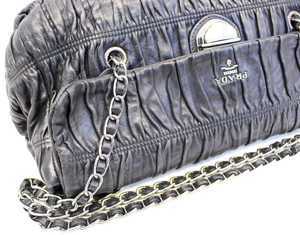 Prada Nappa Shoulder Black Leather Gaufre Flap Bag - Left View