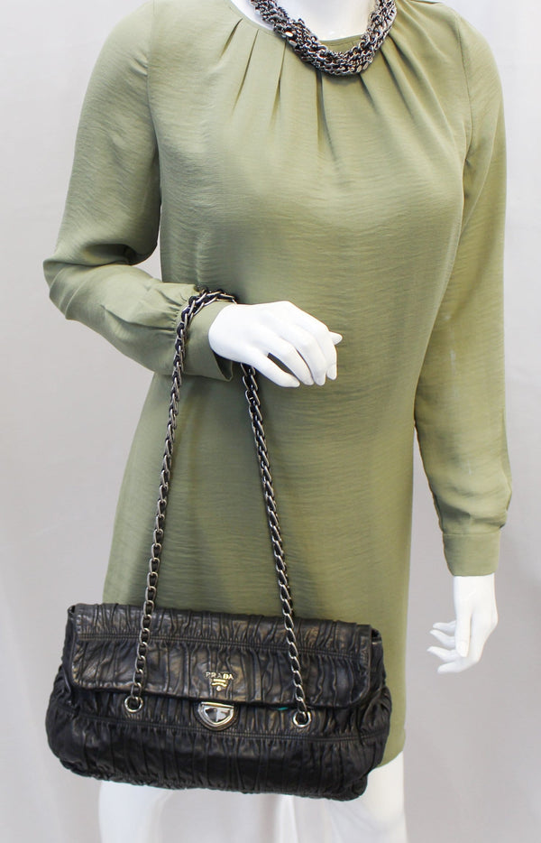 Prada Nappa Shoulder Black Leather Gaufre Flap Bag - mannequin
