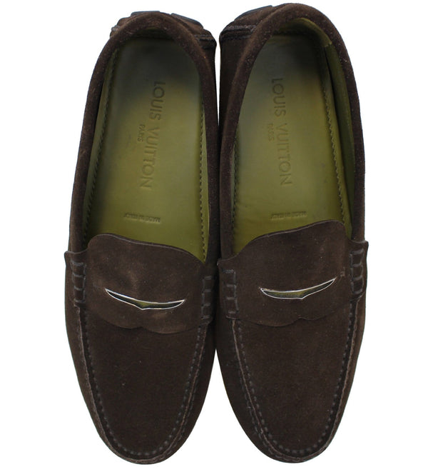 LOUIS VUITTON Dark Brown Suede leather Moccasin Loafers Size 8