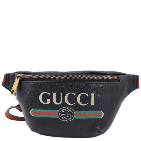 GUCCI Logo Print Grained Calfskin Leather Small Belt Bag Black 527792