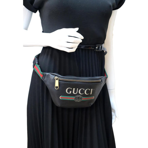 GUCCI Logo Print Grained Calfskin Leather Small Belt Bag Black 527792