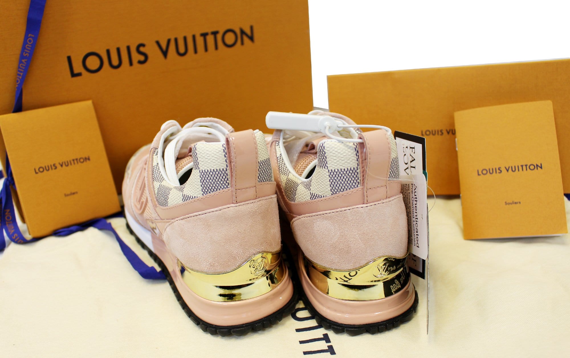 LOUIS VUITTON Mix Materials Suede Calfskin Run 55 Sneakers 36.5 Pink White  Yellow 1219176