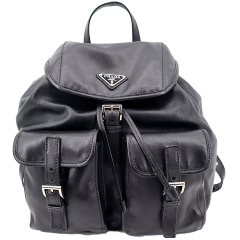 PRADA Milano Double Pocket Leather Backpack Bag Black