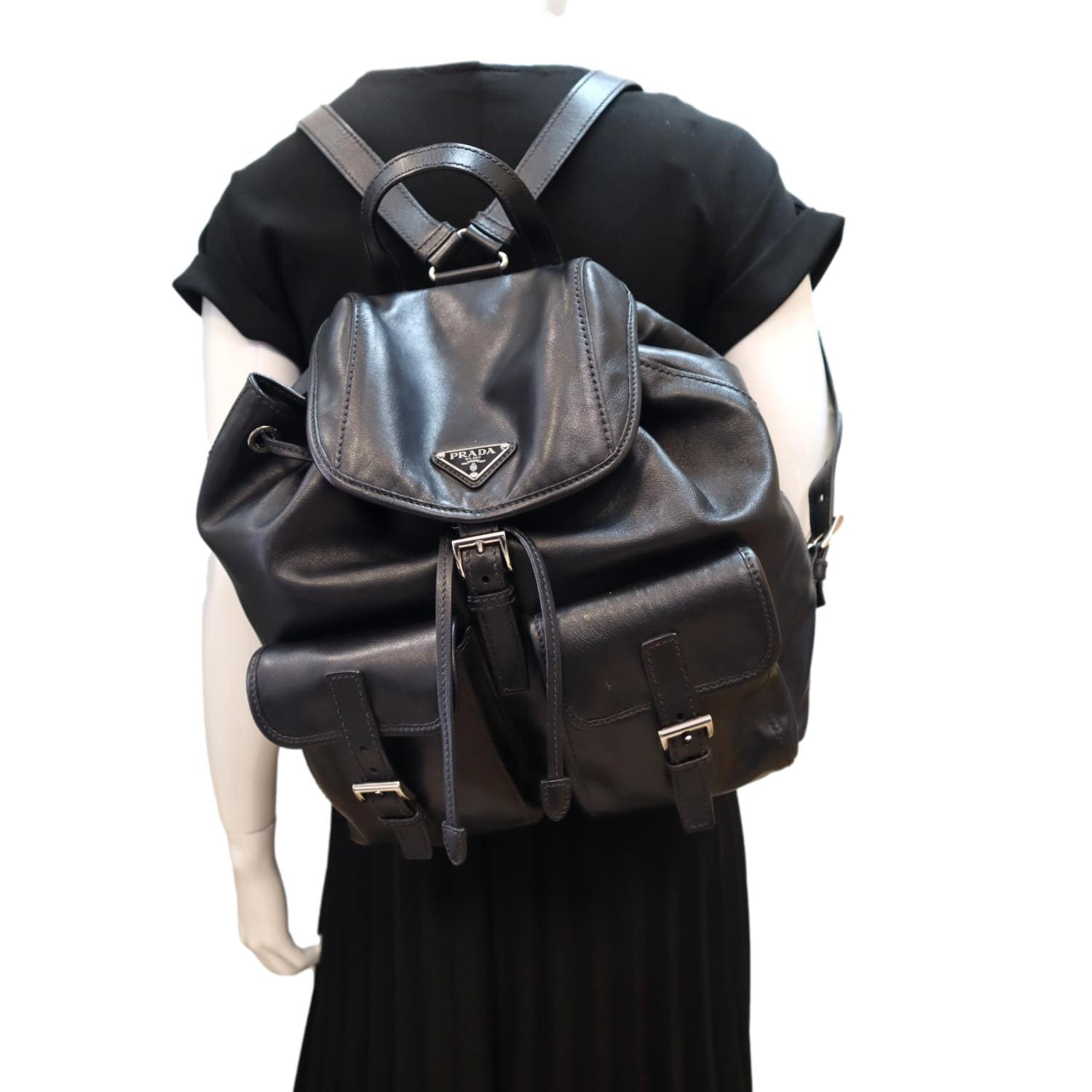 backpack leather women black pockets prada PRADA Milano Double Pocket Leather Backpack Bag Black