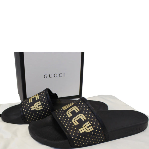 Gucci Black Supreme Canvas Slide Sandal - Last Call | gucci front look