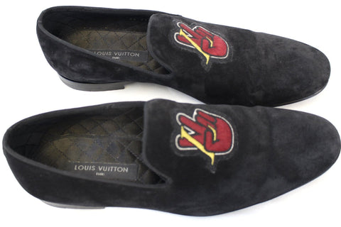 LOUIS VUITTON Black Suede Leather Men's Loafers Size 8.1/2