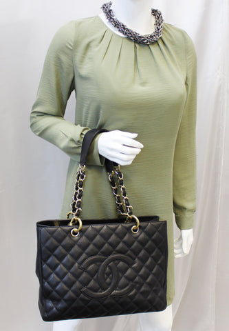 CHANEL Black Caviar Leather Grand Shopping Tote Bag