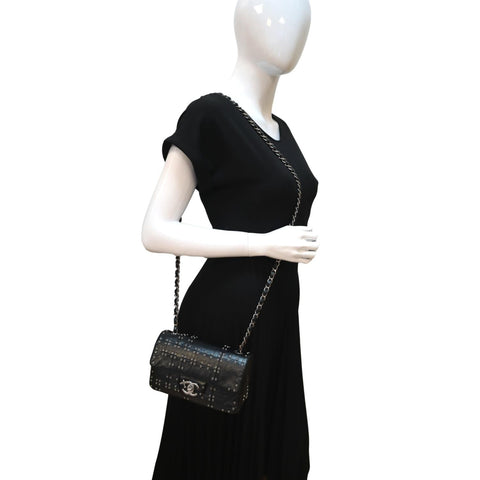 CHANEL Airlines Grommet Studded Leather Shoulder Bag Black