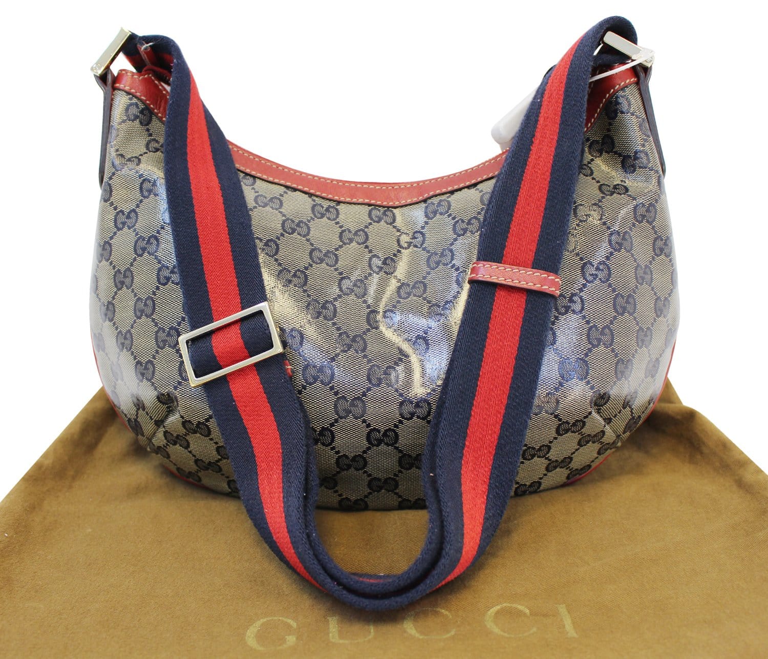 Gucci Navy Blue & Red Print Suede Web Stripe Tiger Tote Chain Strap Bag