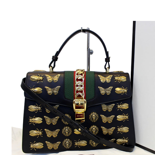 GUCCI Sylvie Animal Studs Calfskin Medium Top Handle Bag Black-US